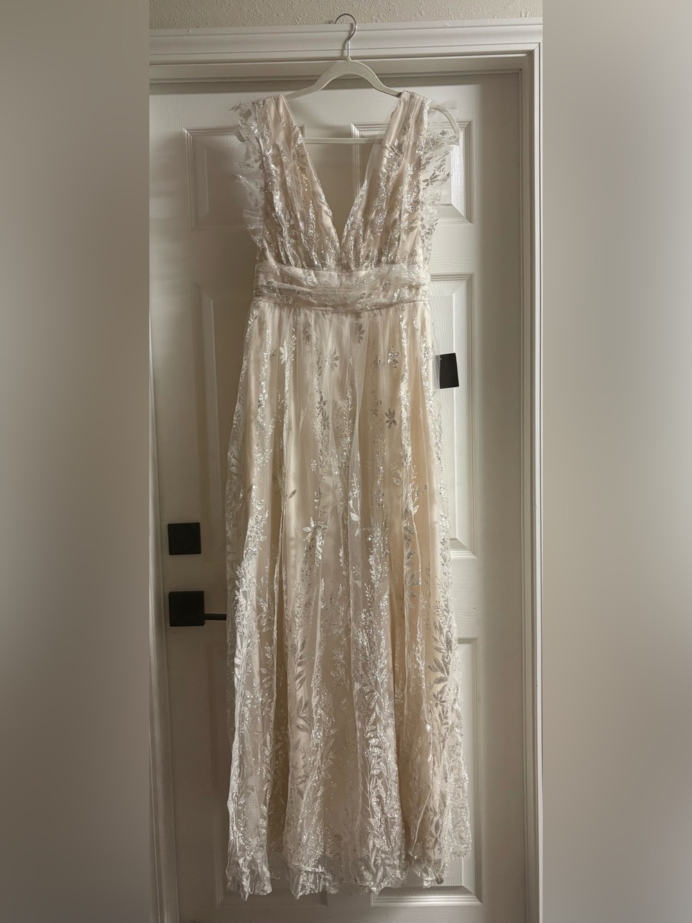 Baltic Born “Karina” Ivory and Silver Lace Shimmer Gown